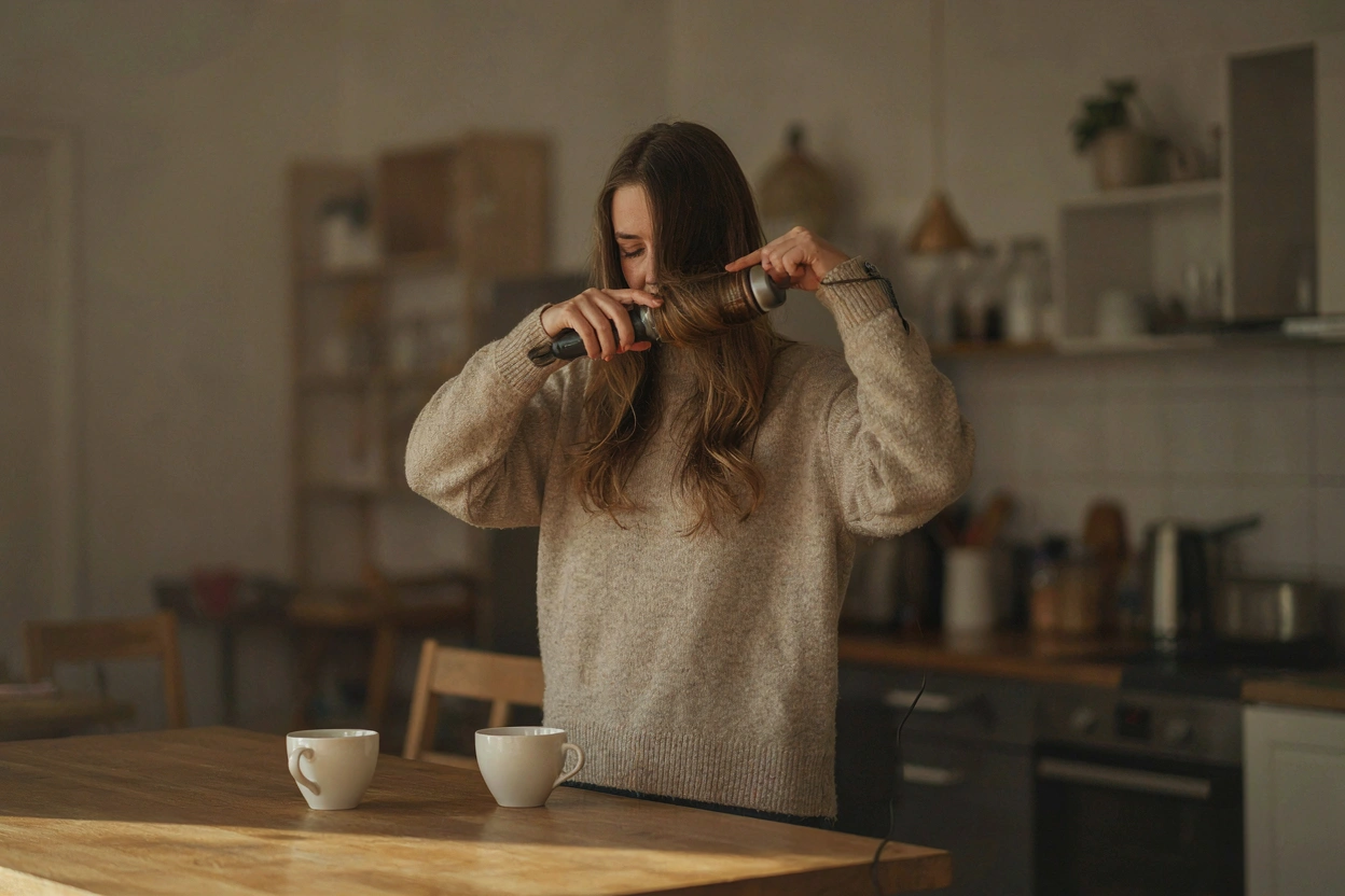 Femme pressée se coiffant le matin